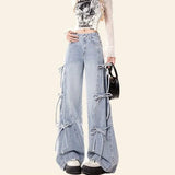 Fongt Tie Jeans Women Autumn New Retro Loose Broad Legs Drag Long Pants Ins