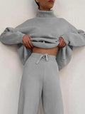 Knitted Women Tracksuit 2022 Autumn Winter Casual Turtleneck Long Sleeved Sweater Top Wide Leg Pants Suits Sweater