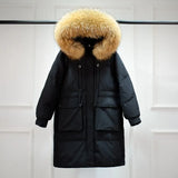 Winter Down Coat Women Long Parkas Luxury Real Raccoon Fur Hooded Female Loose Fashion Duck Down Puffer Jacket