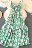 Women Beach Long Dress Summer Sexy V Neck Spaghetti Strap Backless Boho Floral Dresses Woman A-line High Waist Party