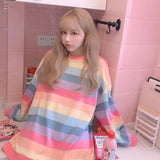 Style Kpop Striped Loose Sweatshirt Women Spring Long Sleeve Pullover Kawaii Clothes Colorful Rainbow Student Girl