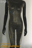 Rhinestones See Through Mini Dress Sexy Sleeveless Fishnet Hollow Out Dresses Women Summer Beach Sexy Cover