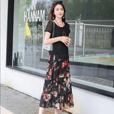 Boho Floral Chiffon Skirts 2 Piece Sets Women Oversized 5xl Suits Short Sleeve Blouse Printted Mid Skirt Beach