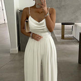 Fongt New Pearl Slings Wide Legs Sleeveless V-Neck-Clenable Trousers