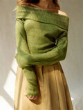 Women Spring Fall Knitted Sweaters Tops Solid Color Long Sleeve Off Shoulder Slash Neck Ribbed Slim Knitwear Jumpers-Outfit