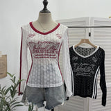 Fongt V-Neck Lace Letter-Print Fluoroskin Long-Sleeved T-Shirt Slimming Shirt Thin Top 8055