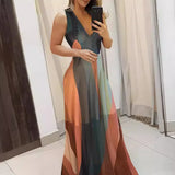 Fongt Temperament Commuter V Collar Sling Sleeveless Color Color Print Long Waist