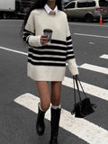 Fongt Women's Loose Lazy Black And White Striped Sweater With Long Knitted Shirts In The Head