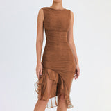 Fongt Women's Fashion Net Gauze Slim Show Back Solid Color Temperament Sexy Dress