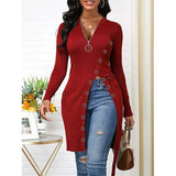 Women Solid Color T-Shirts Irregular Design Zipper Decor High Split V-Neck Long Sleeve Spring Autumn Slim Long