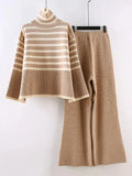 and White Stripe Knitted Two Piece Women Sets Casual Elastic Waist Pants Set Women 2 Piece Autumn Turtleneck Sweaters