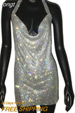 Rhinestone Backless Dress Sexy Deep V Neck Sleeveless Side Split Halter Dress Nightclub Party Evening