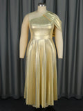 Fongt Summer New Elegant One-Shoulder Sleeveless Dress Dress Banquet Of Gold Folds Dress Dress