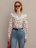 Style Spring Summer Floral Top Loose V-neck Casual Long Sleeve Women White Shirts Elegant Blouses