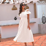 Simple Long Casual Solid Hollow Out Pure Cotton Holiday Style High Waist Fashion Mid-Calf Summer Dresses NEW
