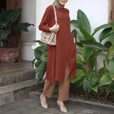 ZANZEA Women Full Sleeved Muslim Blouse Islamic Clothing Fashion Buttons Down Solid Long Blouse Tops Kaftan Casual Solid Blusas 703-0-Outfit