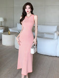 Shot South Korean Chic Summer High-Level Round-Collar Stripes Hit Color Splicing Bag Buttocks Slim Knitted Dress-Outfit