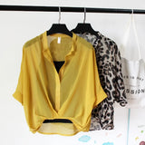 Two Piece Set Leopard Chiffon Shirts Summer Half Sleeve Loose V-Neck Women Casual Blouse Sexy Plus Size Striped Tops