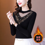 Fongt Photo # Autumn / Winter Long Sleeve And Velvet Top Women's High-End T-Shirt With A Versatile Lace Bottom Shirt-Outfit