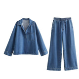 Fongt Street Fashion Straight Trousers Set Women's Spring Top Denim Casual Dress