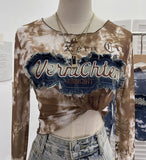 Fongt Shooting Hottie Perspective Dye Mesh Spliced Denim Long-Sleeved Shirt T-Shirt T-Shirt 26121