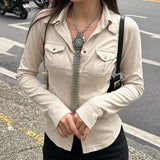 Fongt Waste Wind Single Buckle Shirt Women Retro Waist Thin Set New Double Pocket Sleeve Top