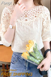 Out Casual Short Sleeve Blouse Loose Elegant O Neck Sweet Tops Summer Lace Women's Blouse Flowers Chiffon Shirts