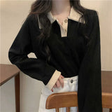 Fongt 2023 New Thin Lapel POLO Long-Sleeved T-Shirt Women's Versatile Show Thin Ins With Student Top