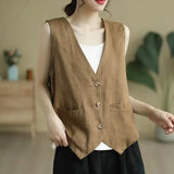 Fongt Retro Art Hook Sleeveless Vest Lady Loose V Collar Horse Clip Single Buckle Cardigan