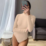 Ribbed Knitted Stripe Women Solid Bodysuit Long Sleeve Turtleneck Bodycon Sexy Club Streetwear 2020 Autumn Winter