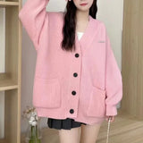 Fongt Department Lazy Wind Soft Waxy V Neck Sweater Coat Female Autumn Winter Loose Wear College Wind Knit Cardigan Jacket-Outfit