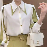 Solid Color Patchwork Shirt Stylish Lantern Sleeve Spring Autumn Single-breasted Female Clothing Turn-down Collar Blouse-Outfit