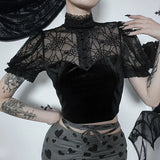 Summer New Dark Trend Sexy Slim Lace Perspective Cobweb Design Blouse Girl-Outfit