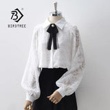 Autumn Vintage Lantern Sleeve White Lace Blouse Turn-Down Collar Button Up Elegant Shirts With Bow Fall Spring Basic