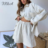 2021 Summer Casual Women Long Sleeve Top Shirts And Shorts Set Mini Loose Two Piece Sets Khaki Loung Wear
