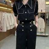 Lady Solid Color Matching Sets Stylish Bright Line Decoration Casual Polo-Neck Single-breasted Summer Elastic Pant Sets-Outfit