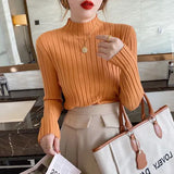 Fongt Winter Half-High Sweater Women Long Sleeve Pure Color Spring And Autumn Pit Stripe Loose Knitted Bottom