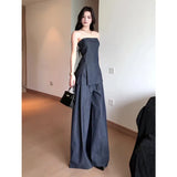 Fongt Summer New Korean Wearing A Forked Corset Loose Broad Leg Pants Denim Set