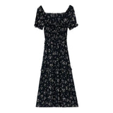 Fongt Summer New Thin And Gentle Flowers Holiday Travel Small Black Dress Medium Temperament Dress