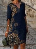 Floral Print Fashion Slim V-Neck Half Sleeve Midi