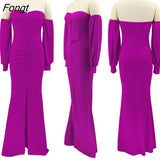 Solid Corset Dress Elegant Strapless Off Shoulder Long Lantern Sleeve Pleated High Split Bodycon Maxi Evening Party