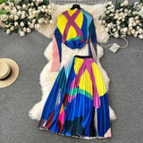 New Advanced Casual Women's Elastic Long Sleeve Pleated Top+High Waist Pleated Half Skirt Printed Skirt 2-piece Set-Outfit