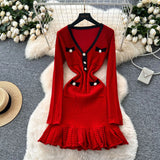 Fongt Autumn/Winter 2025 New Waffle Small Scent Style V-Neck Knitted Dress