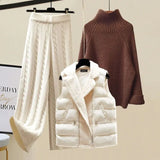 Warm 3 Piece Sets Womens Outfits Office Ladies Turtleneck Knitted Sweater+woolen Parkas Vest+wide Leg Knitting Pants