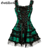 Dark Plaid Bandage Gothic Women A-line Dresses Grunge Aesthetic Lace Trim Patchwork Mini Dress Punk Bodycon Sexy