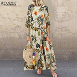 Autumn 3/4 Sleeve Polka Dot Printed Long Dress Vintage Women's Cotton Linen Dresses Female Kaftan Vestido Femme