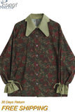Vintage Style Floral Printing Loose Women's Blouse Shirt Korean Casual Long Sleeve Ladies Button Blouses Female