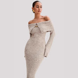 Fongt Women's Elegant Style Fashion Collared Shoulder Dress Knitted Long Dress