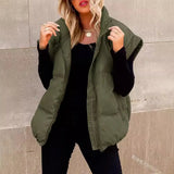 2024 New Women's Solid Color Zip Pocket Cotton-Padded Jacket Vest Fashion Standing Collar Temperament Commuter Coat-Outfit