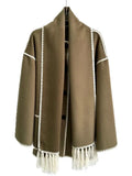 2024 autumn Fashion Women's Coats New Scarf Collar Loose Single Breasted Tassel Spliced Pockets Jackets Female TH5259-Outfit
